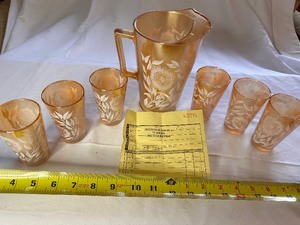 lot 57 image: Jeanette Marigold Carnival Glass Iridescent Juice Glasses and Pitcher
