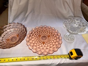 lot 61 image: Vintage Pink Depression Glass 3-Footed Cake Plate and Candy Dish and Clear Imperial Glass Compote Candy Dish