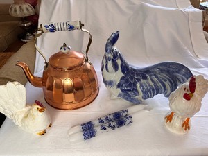 lot 88 image: Brass Ceramic Kettle, Blue and White Rooster, Hand Painted Blue and White Candles