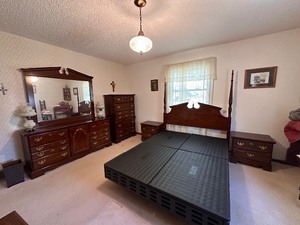 lot 110 image: Queen Bedroom Set with Headboard, Two Nightstands, Upright Dresser, Mirrored Dresser and Sleep Number Base