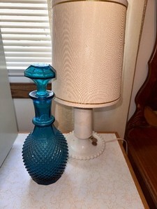 lot 119 image: Vintage Teal Diamond Point Liquor Decantor Bottle and Hobnail Base Lamp