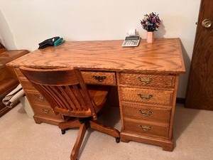lot 123 image: Office Desk and Chair Solid Oak Measuring 58 x 27 x 30
