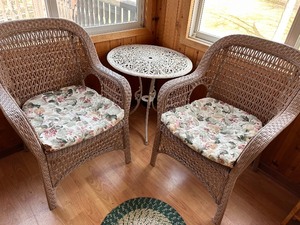 lot 130 image: Set of Two Honey Wicker Chairs with Small Table