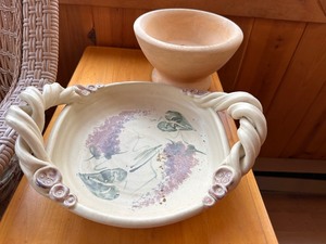 lot 132 image: Floral Pottery Dish with Twisted Handles and Wood Bowl