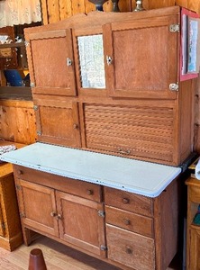 lot 155 image: Antique Oak Kitchen Cabinet Cupboard with Porcelain Counters that Slide Out, Flour Bin, Roll Top, Measuring 48 x 25 x 70