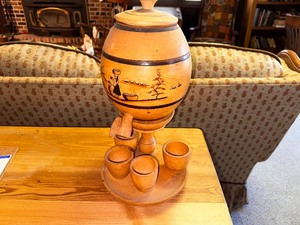 lot 219 image: Vintage Wood Keg Barrel with Glasses