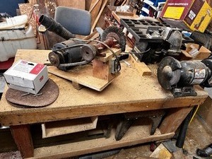 lot 260 image: Work Bench and All Items on Top - Bench Grinders