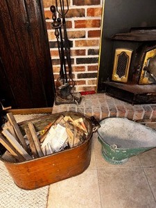 lot 195 image: Antique Copper Boiler Tub, Fireplace Tools and Ash Container