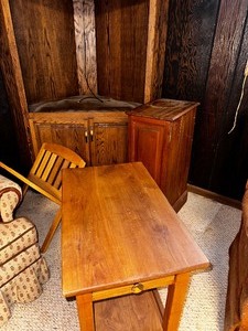 lot 200 image: Wood Magazine Rack, End Table and Corner Entertainment Center