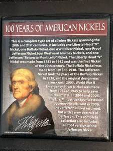 100 YEARS OF AMERICAN NICKELS 9 COIN SET IN INFORMATION BOOK