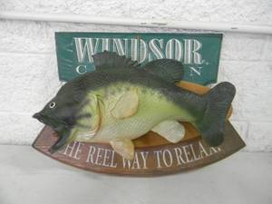 lot 7 image: VERY RARE - WINDSOR CANADIAN THE REEL WAY TO RELAX FISH MOUNT BASS BAR ADVERTISING SIGN - ORIGINAL FANTASTIC PIECE - APPROX 24wide By 18high By 8deep - SEE PICTURES - NO RESERVE
