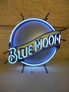 lot 28 image: VINTAGE BLUE MOON BEER Neon Light - WORKS - NICE - ORIGINAL AWESOME PIECE - APPROX 19 By 19 - SEE PICTURES - NO RESERVE