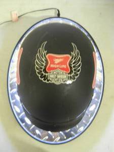 lot 35 image: RARE - MILLER HIGH LIFE  HARLEY-DAVIDSON LIGHTED MOTORCYCLE HELMET SIGN - ORIGINAL FANTASTIC PIECE - APPROX 13 By 17 - SEE PICTURES - NO RESERVE