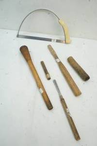 Swedish C saw, plus yarn wood and carding tools