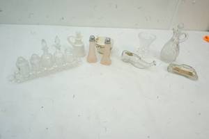 Cut glass, salt and peppers and Creuset