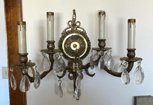 lot 168 image: Vintage Wall Mount Light Fixtures with Dangling Crystals