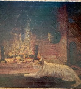lot 265 image: Original Vintage Oil Painting by Gretchen Meyncke Firelight Glow