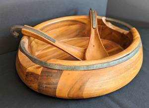 lot 224 image: Large Nambe Anvi Acacia Wood Salad Bowl and Serving Spoons