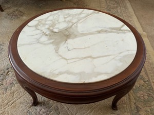 lot 233 image: Vintage Round Wood Frame, Marble Cocktail Table