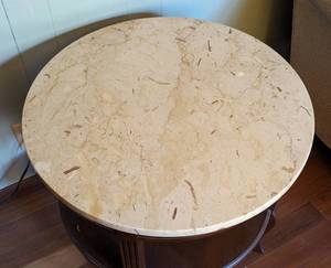 lot 97 image: Round Marble Topped Wood Side Table