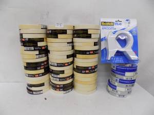 lot 75 image: 63 rolls - 34 masking tape (painters grade) & strapping tape & applicator