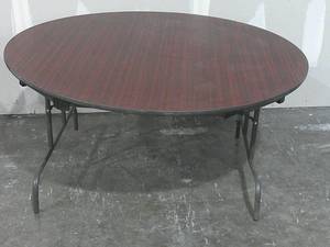 lot 12 image: 5 ft Round Wood Portable Table-Has One Bent Leg