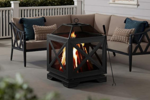 lot 16 image: HAMPTON BAY Westbury 26 in. W x 37.8 in. H Outdoor Square Wood Burning Black Fire Pit (Retails for $229)