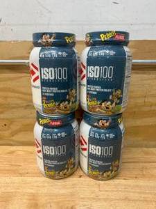 lot 69 image: DYMATIZE Lot of 4 Cans of- ISO 100 Hydrolyzed Protein Powder (3 pounds each)