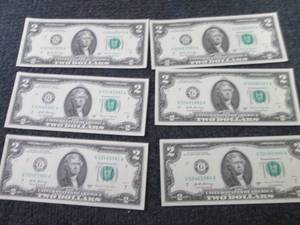 6 Sequential, Uncirculated $2 Bills...