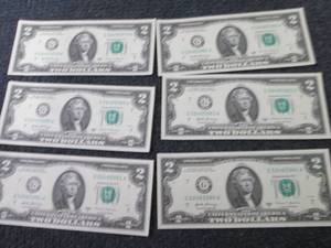6 Sequential, Uncirculated $2 Bills...