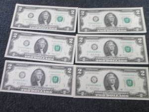 6 Sequential, Uncirculated $2 Bills...