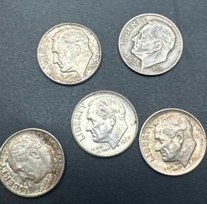Lot of 5 Silver Roosevelt Dimes