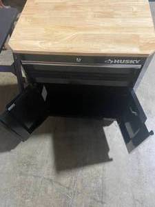 lot 2 image: Husky Heavy-Duty Rolling Tool Cabinet Workbench with Wood Top