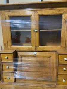 lot 9 image: Vintage Wooden Hutch with Glass Doors and Drawers