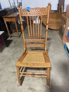 lot 61 image: Vintage Press-Back Wood Rocking Chair with Cane Seat