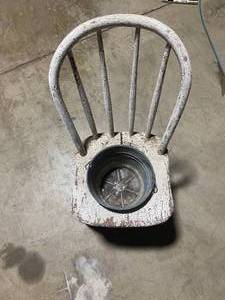 lot 95 image: Vintage Distressed Wooden Chair with Metal Pail