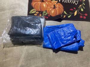 lot 100 image: Assorted Home Goods Lot Decorative Doormat, Caulk Tubes, and Tarps