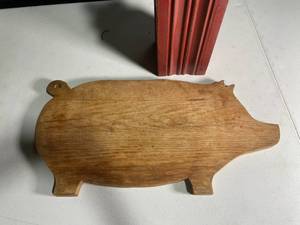lot 121 image: Wooden Pig Cutting Board and Decorative Artificial Plant in Red Wooden Planter
