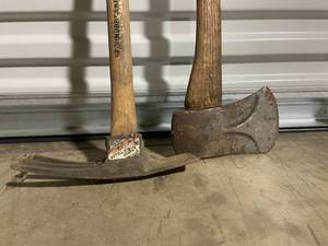lot 142 image: Vintage Axe and Mattock Heads with Wooden Handles