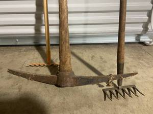 lot 146 image: Vintage Farming Tool Lot, Including Two-Person Saw and Cultivator