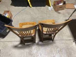 lot 154 image: Set of Two Vintage Wooden Chairs with Carved Detailing and Rattan Seats