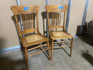 lot 156 image: Set of Two Vintage Wooden Chairs with Woven Seats