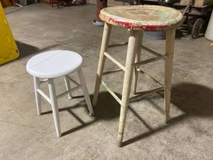 lot 157 image: Pair of Rustic Wooden Stools - Distressed Vintage and Modern White