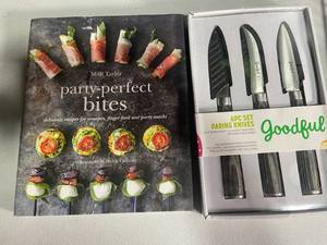 lot 175 image: Culinary Essentials Bundle Party-Perfect Bites Cookbook, Goodful Paring Knives, and Stainless Steel Flatware Set