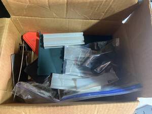 lot 178 image: Assorted Shelf Brackets and Mounting Hardware with Work Gloves