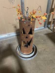 lot 199 image: Rustic Metal Pumpkin Lantern with Autumn Accents