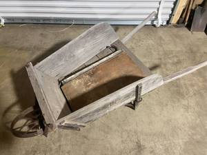 lot 201 image: Vintage Wooden Wheelbarrow with Iron Wheel and Components