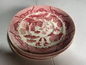 lot 229 image: Vintage Red Transferware Porcelain Plates Set of 4