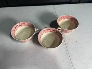 lot 233 image: Set of Three Red Transferware Porcelain Cups with Oriental Landscape Designs