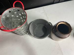 lot 265 image: Vintage Inspired Metal Decorative Buckets and Stoneware Crock